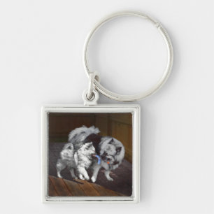 Keeshond Playtime Painting - Cute Original Dog Art Key Ring