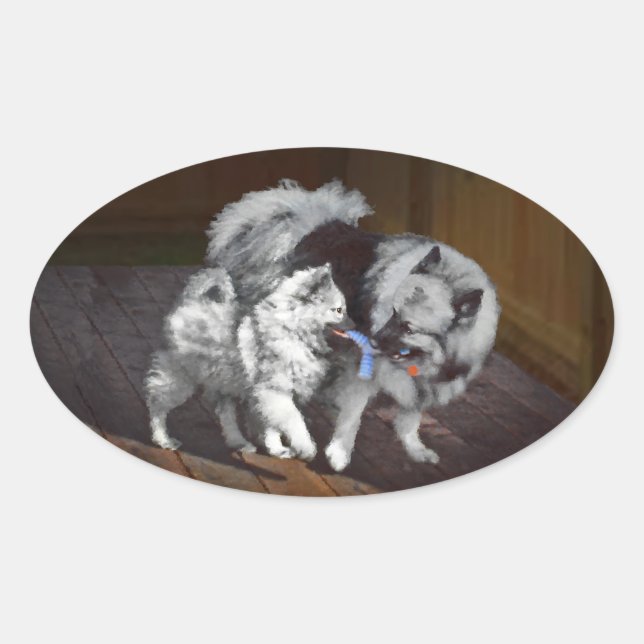 Keeshond Playtime Painting - Cute Original Dog Art Oval Sticker (Front)