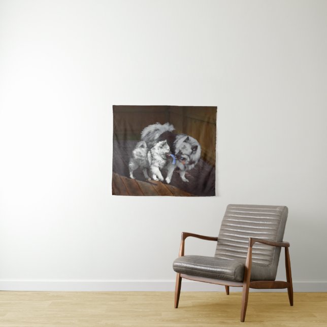 Keeshond Playtime Painting - Cute Original Dog Art Tapestry (In Situ (Horizontal))