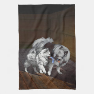 Keeshond Playtime Painting - Cute Original Dog Art Tea Towel