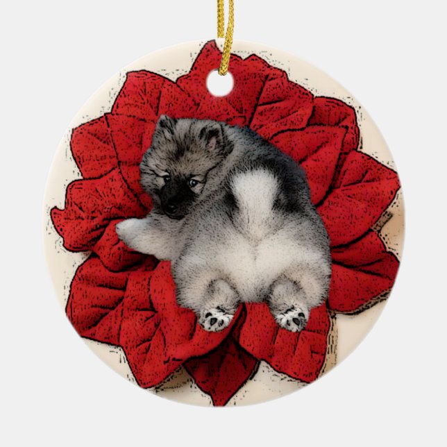 Keeshond Poinsettia Puppy Ornament (Front)