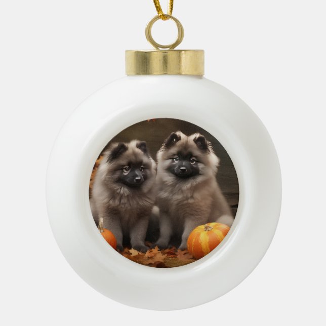 Keeshond Puppy Autumn Delight Pumpkin Ceramic Ball Christmas Ornament (Front)