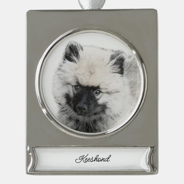 Keeshond Puppy Drawing - Cute Original Dog Art Silver Plated Banner Ornament (Front)