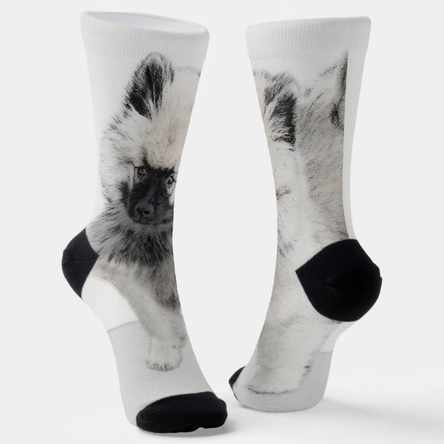 Keeshond Puppy Drawing - Cute Original Dog Art Socks (Angled)