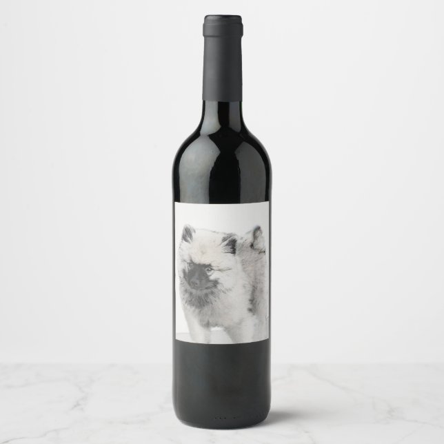 Keeshond Puppy Drawing - Cute Original Dog Art Wine Label (Front)