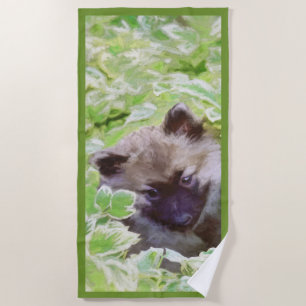 Keeshond Puppy in the Garden Painting Original Art Beach Towel