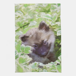 Keeshond Puppy in the Garden Painting Original Art Tea Towel