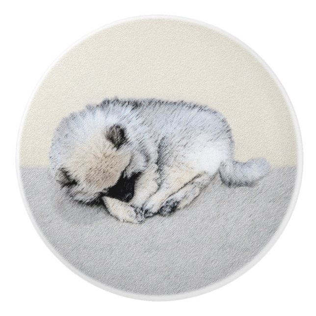 Keeshond Sleeping Puppy Painting Original Dog Art Ceramic Knob (Front)