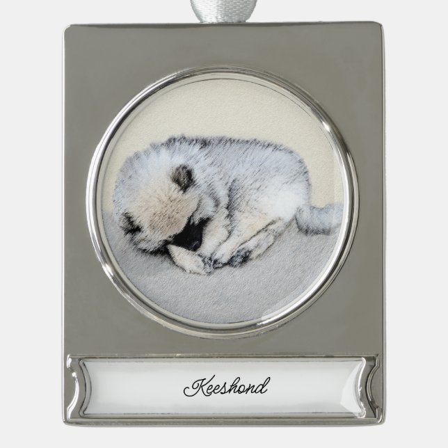 Keeshond Sleeping Puppy Painting Original Dog Art Silver Plated Banner Ornament (Front)