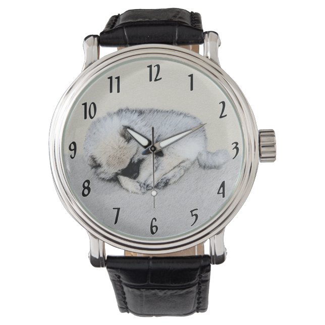 Keeshond Sleeping Puppy Painting Original Dog Art Watch (Front)