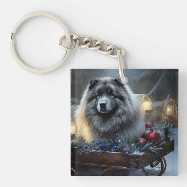 Keeshond Snowy Sleigh Christmas Decor Key Ring (Front)