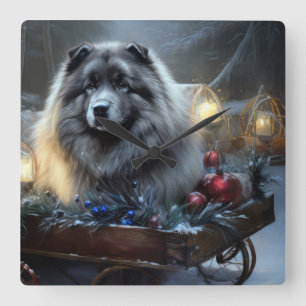 Keeshond Snowy Sleigh Christmas Decor Square Wall Clock