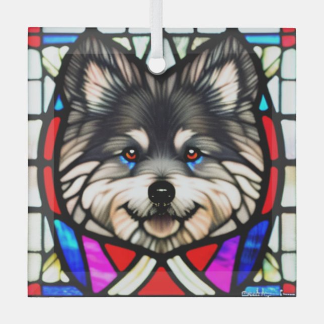 Keeshond "Stained Glass" Glass Tree Decoration (Front)