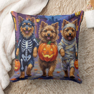 Keeshond Trick-or-Treating in Halloween Costumes Cushion