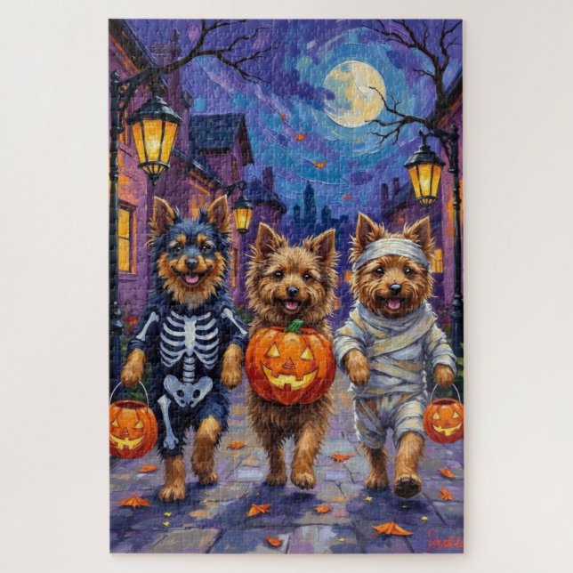 Keeshond Trick-or-Treating in Halloween Costumes Jigsaw Puzzle (Vertical)