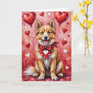Keeshond Valentine Dog Sitting with Hearts Red Card
