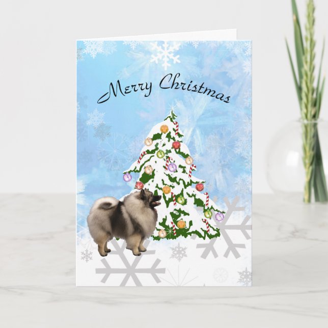 Keeshond with Christmas Tree on Blue Crystal Holiday Card (Front)