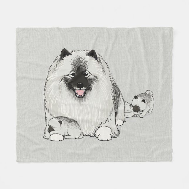 Keeshond with Puppies | Cute Keesie Dog Family Fleece Blanket (Front (Horizontal))