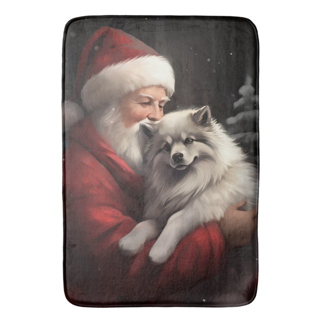 Keeshond With Santa Claus Festive Christmas Bath Mat (Front Vertical)