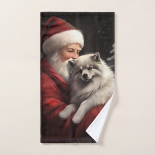 Keeshond With Santa Claus Festive Christmas Bath Towel Set