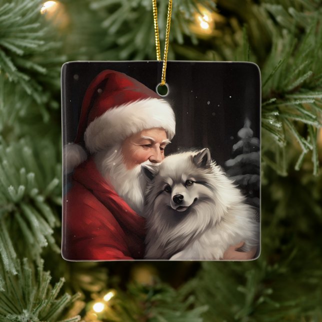 Keeshond With Santa Claus Festive Christmas Ceramic Ornament (Tree)