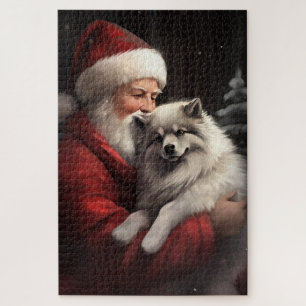 Keeshond With Santa Claus Festive Christmas Jigsaw Puzzle