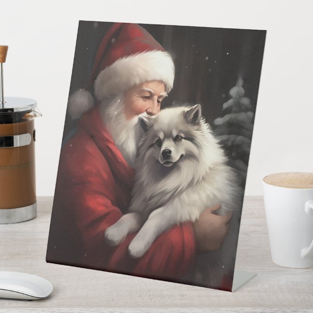 Keeshond With Santa Claus Festive Christmas Pedestal Sign (In SItu)