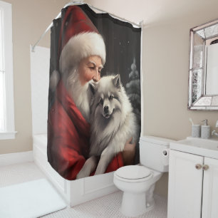 Keeshond With Santa Claus Festive Christmas Shower Curtain