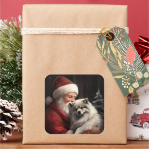 Keeshond With Santa Claus Festive Christmas Square Sticker