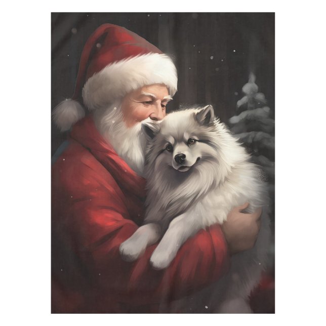 Keeshond With Santa Claus Festive Christmas Tablecloth (Front)