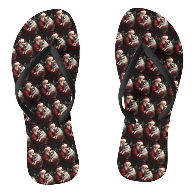 Keeshond With Santa Claus Festive Christmas Thongs (Footbed)