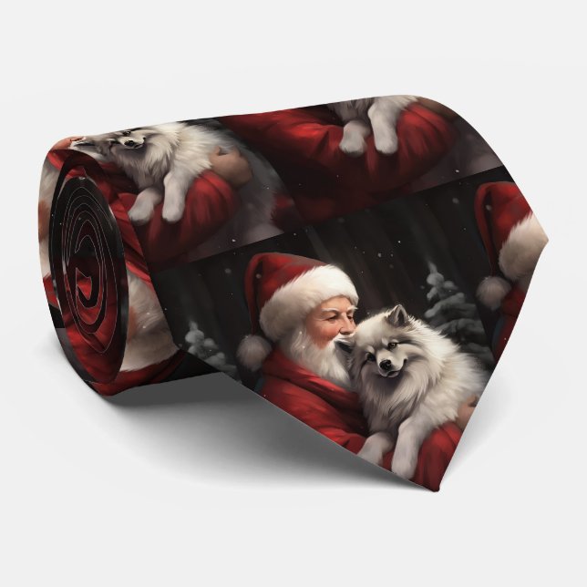 Keeshond With Santa Claus Festive Christmas Tie (Rolled)
