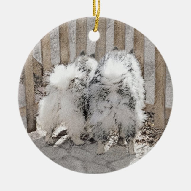 Keeshonds at the Gate Painting - Original Dog Art Ceramic Ornament (Front)