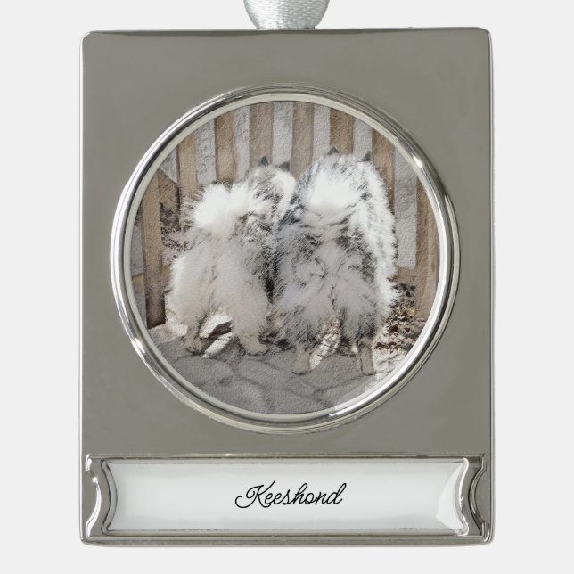 Keeshonds at the Gate Painting - Original Dog Art Silver Plated Banner Ornament (Front)