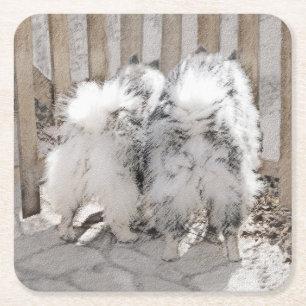Keeshonds at the Gate Painting - Original Dog Art Square Paper Coaster