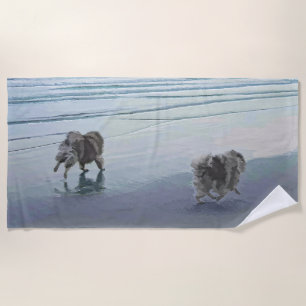 Keeshonds at the Seashore Painting Dog Art Beach Towel