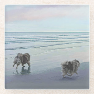 Keeshonds at the Seashore Painting Dog Art Glass Coaster