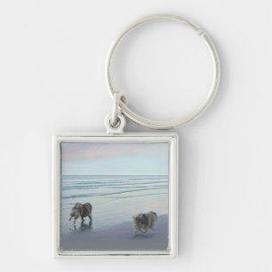 Keeshonds at the Seashore Painting Dog Art Key Ring