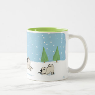 Keesies Playing in the Snow Keeshond Dogs Holiday Two-Tone Coffee Mug