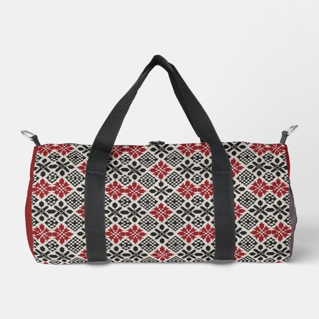 Keffiyeh Folk Pattern Duffle Bag – Red Black White (Front)
