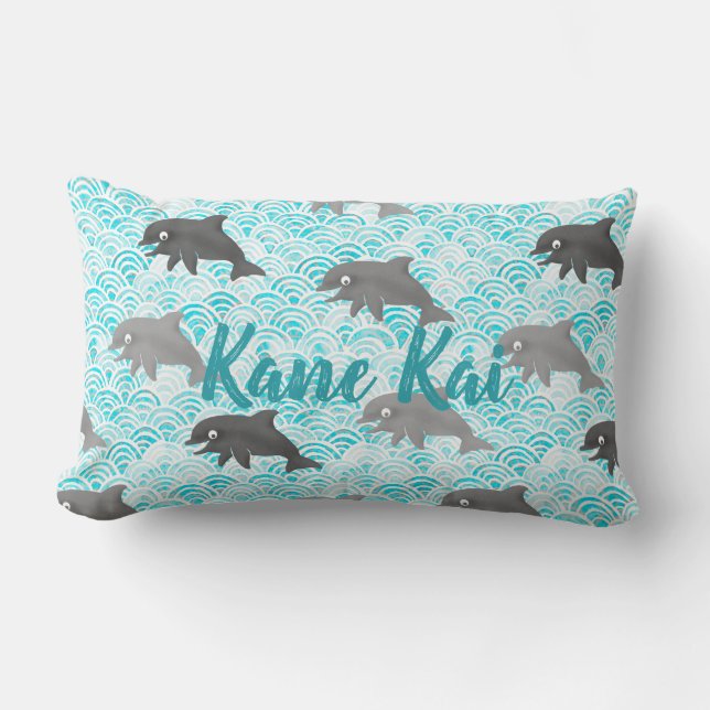 Keiki Watercolor Dolphin Wave And Plaid Reversible Lumbar Cushion (Front)