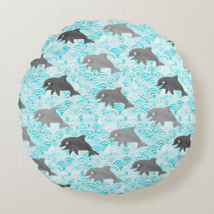 Keiki Watercolor Dolphin Wave And Plaid Reversible Round Cushion