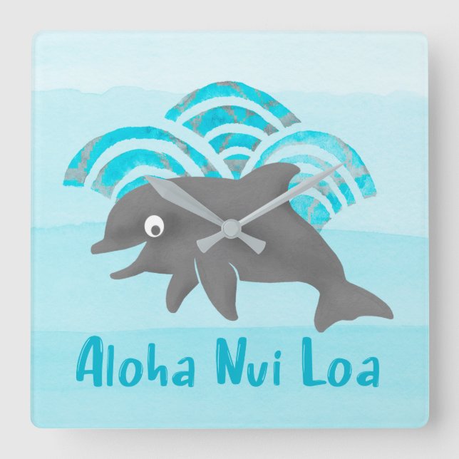 Keiki Watercolor Dolphin Wave Engineer Square Wall Clock (Front)