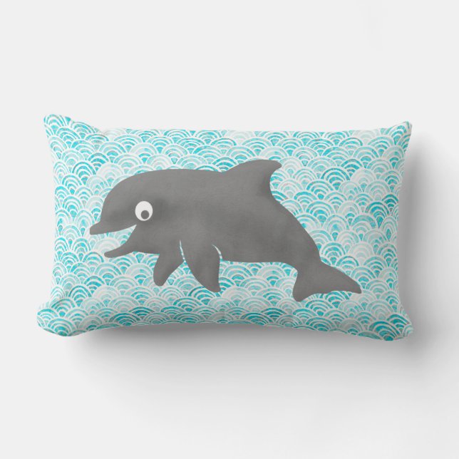 Keiki Watercolor Dolphin Wave Reversible Lumbar Cushion (Front)