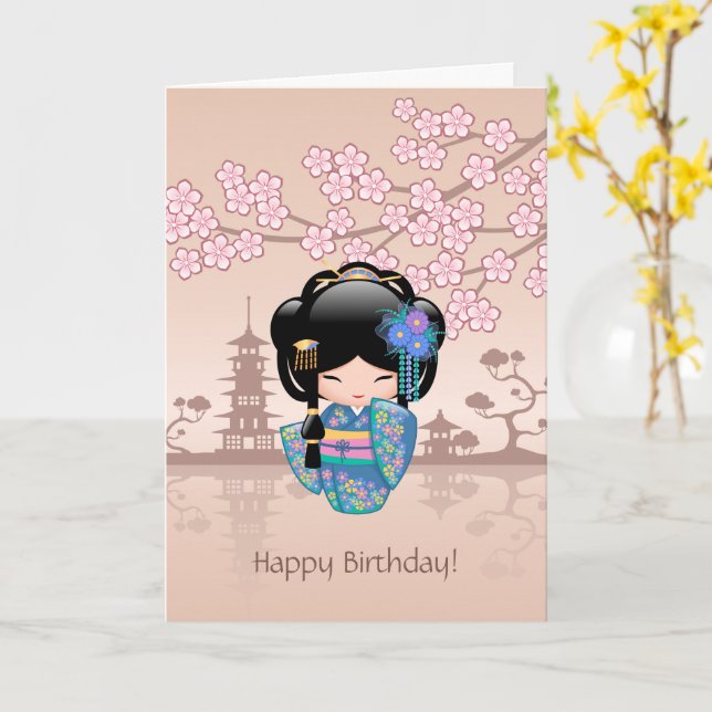 Keiko Kokeshi Doll - Blue Kimono Geisha Birthday Card (Yellow Flower)
