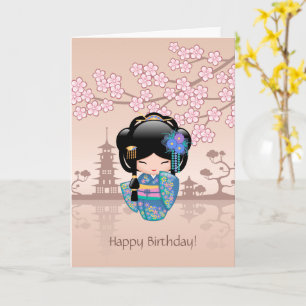 Keiko Kokeshi Doll - Blue Kimono Geisha Birthday Card
