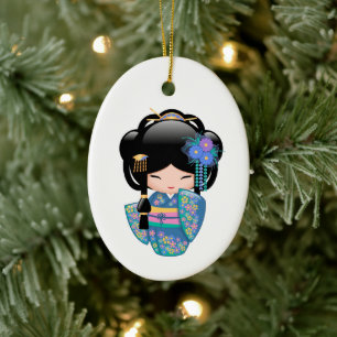 Keiko Kokeshi Doll - Blue Kimono Geisha Ceramic Ornament