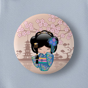 Keiko Kokeshi Doll - Blue Kimono Geisha Girl 6 Cm Round Badge