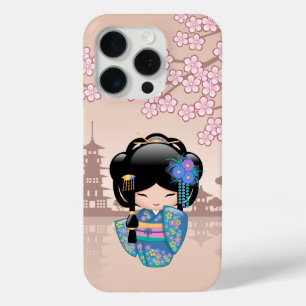 Keiko Kokeshi Doll - Blue Kimono Geisha Girl iPhone 15 Pro Case