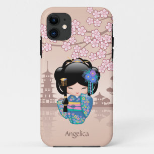 Keiko Kokeshi Doll - Blue Kimono Geisha Girl iPhone 11 Case